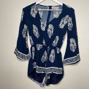 Reverse ROMPER JUMPSUIT  Short Pants Paisley Floral Blue Long Slvs Size XS
